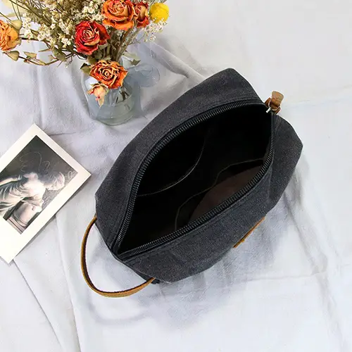 BEARKY Custom Vintage Mens Wash Bag Canvas Black Toiletry Bag Kit